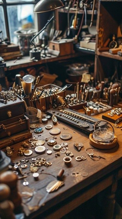 Werkbank mit Uhrmacherwerkzeugen, Schmuckteilen und Gebrauchsspuren
